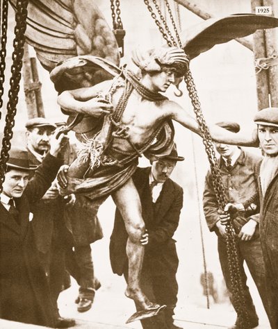 Eros being removed due to the reconstruction of Piccadilly underground station, early 1925 by English Photographer